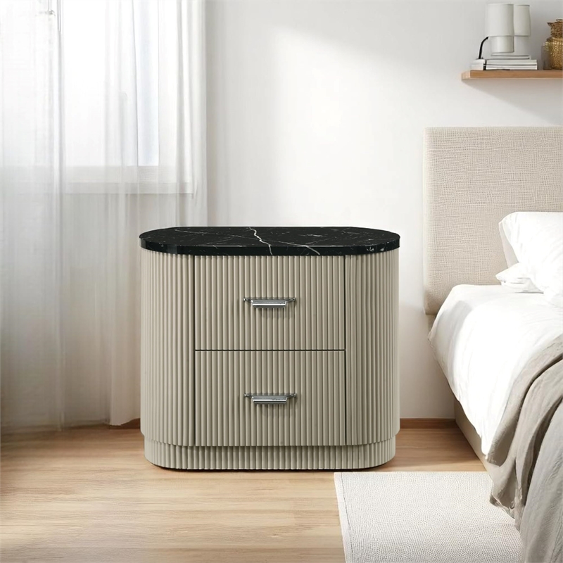 Bowery Hill Nightstand with Marble-Look Top in Gray and Beige