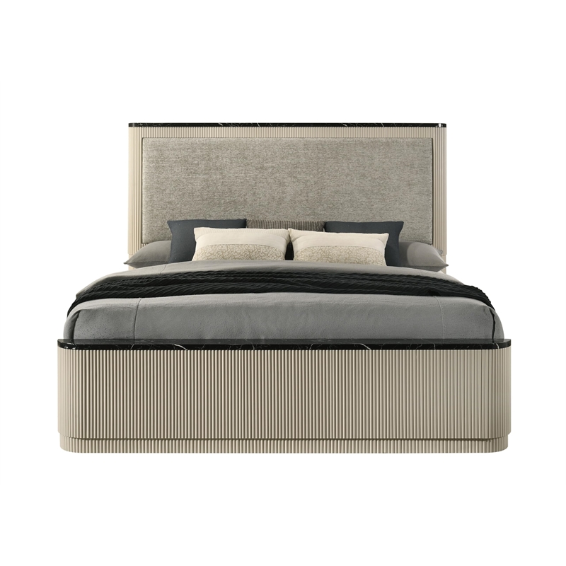 Bowery Hill Upholstered Eastern King Bed in Gray Linen and Beige