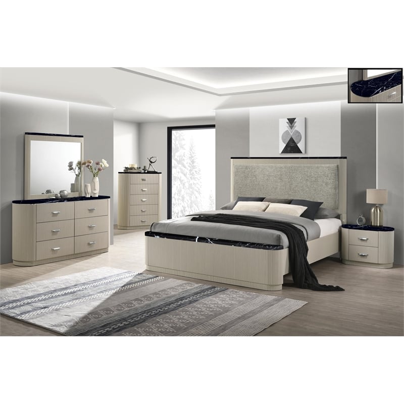 Bowery Hill Upholstered Eastern King Bed in Gray Linen and Beige