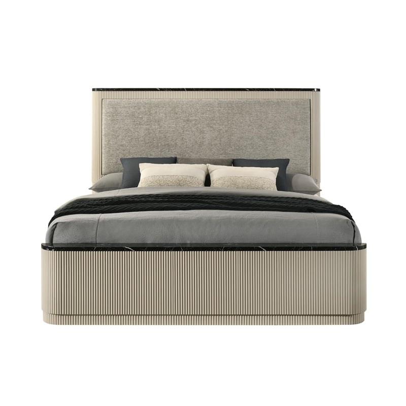Bowery Hill Modern Upholstered Queen Bed in Gray Linen and Beige