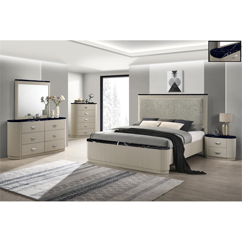 Bowery Hill Modern Upholstered Queen Bed in Gray Linen and Beige