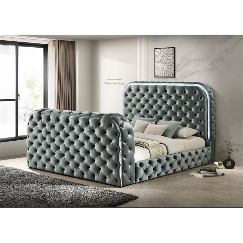 Bowery Hill Queen Bed with LED Fireplace and TV Stand in Gray Velvet