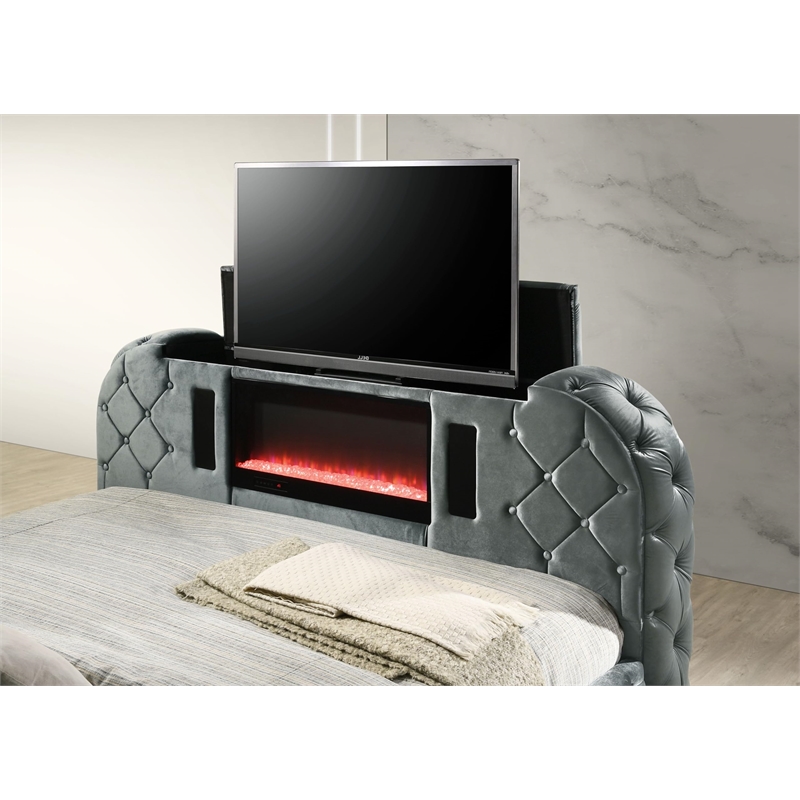 Bowery Hill Queen Bed with LED Fireplace and TV Stand in Gray Velvet