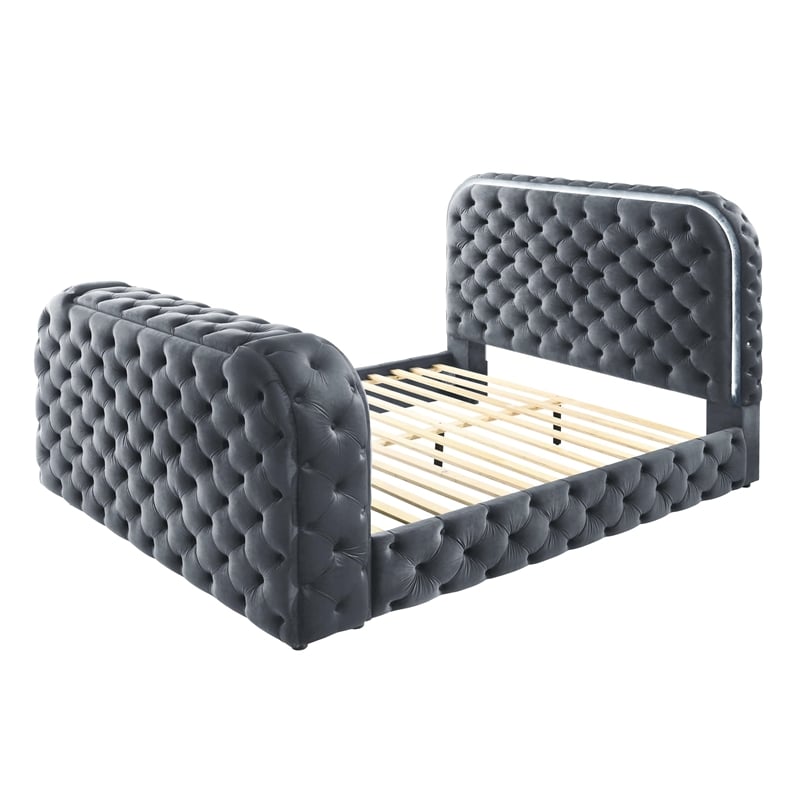 Bowery Hill Queen Bed with LED Fireplace and TV Stand in Gray Velvet
