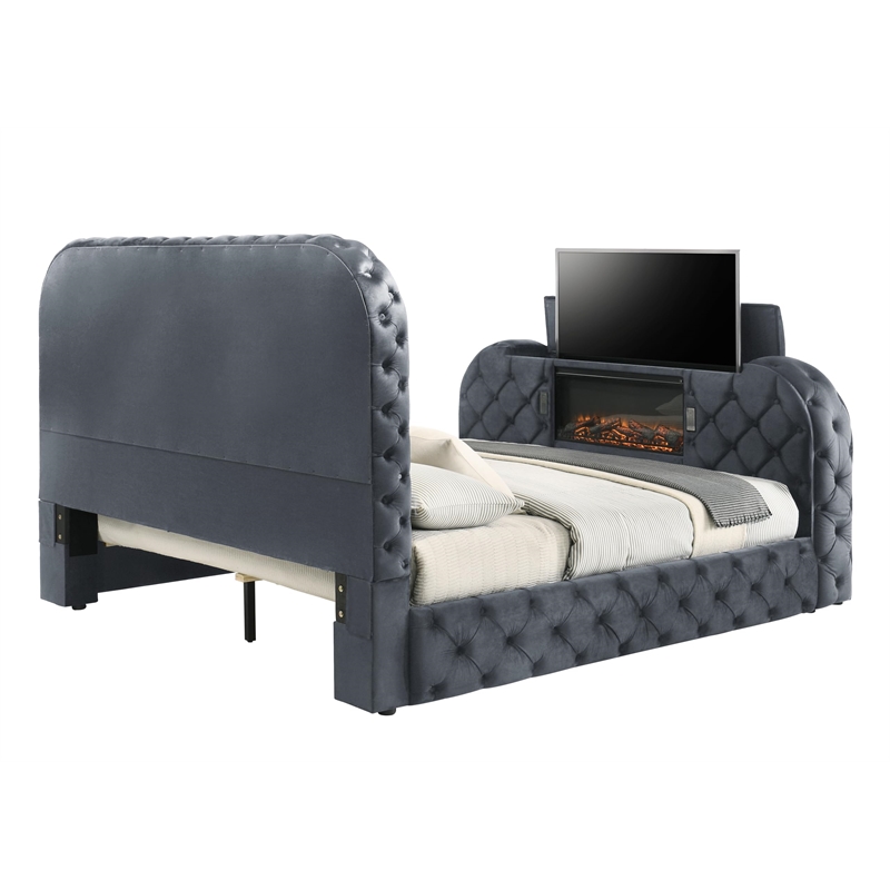 Bowery Hill Queen Bed with LED Fireplace and TV Stand in Gray Velvet