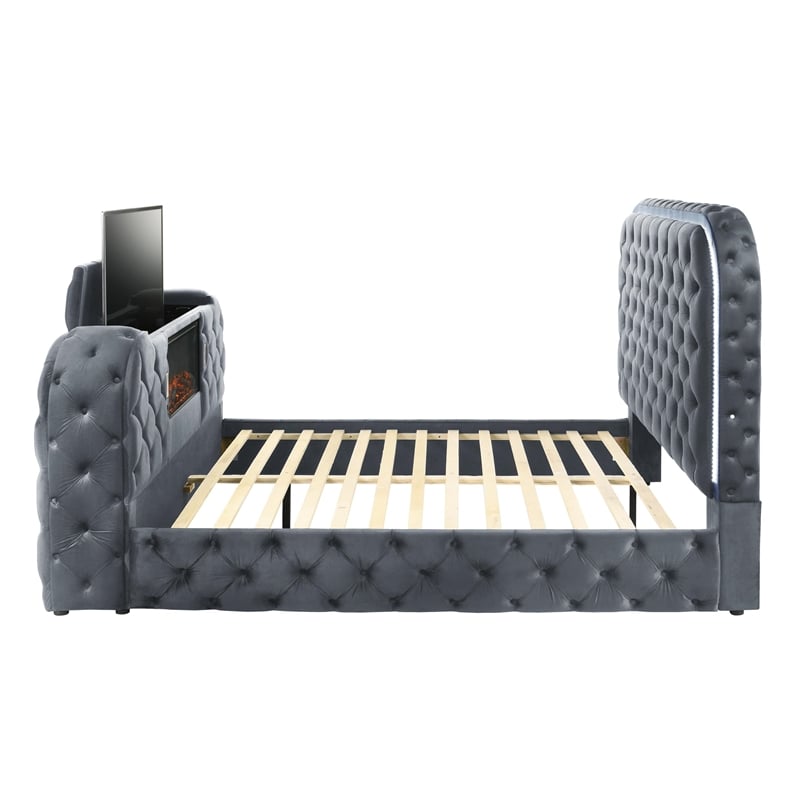 Bowery Hill Queen Bed with LED Fireplace and TV Stand in Gray Velvet