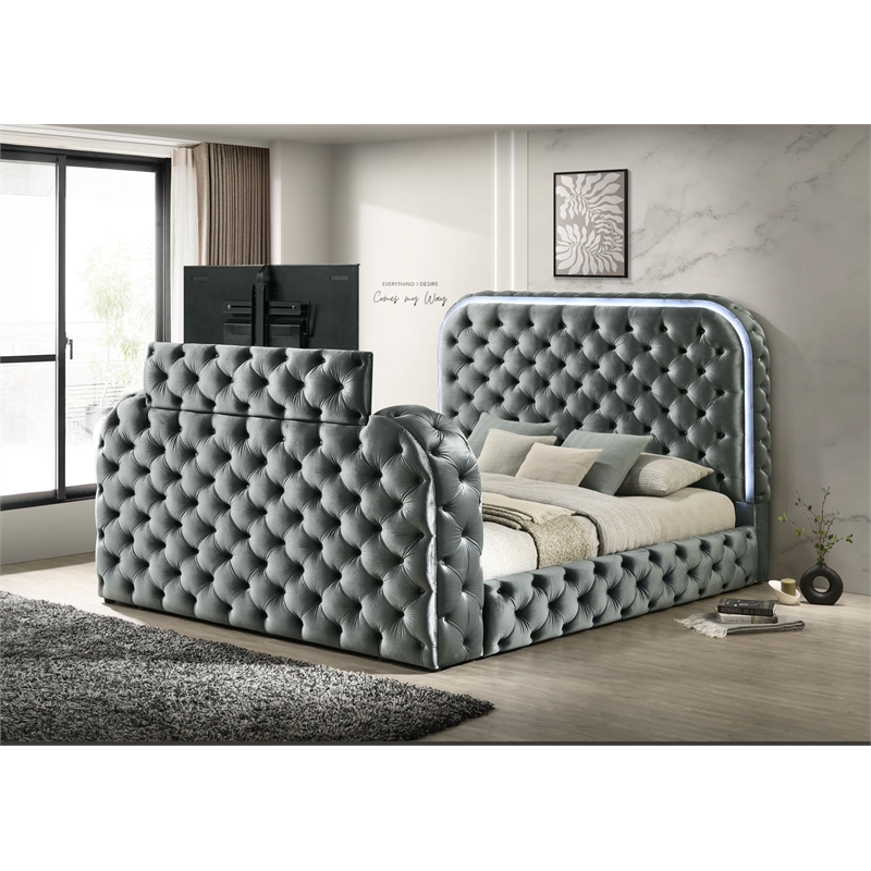 Bowery Hill Eastern King Bed with Fireplace and TV Stand in Gray Velvet