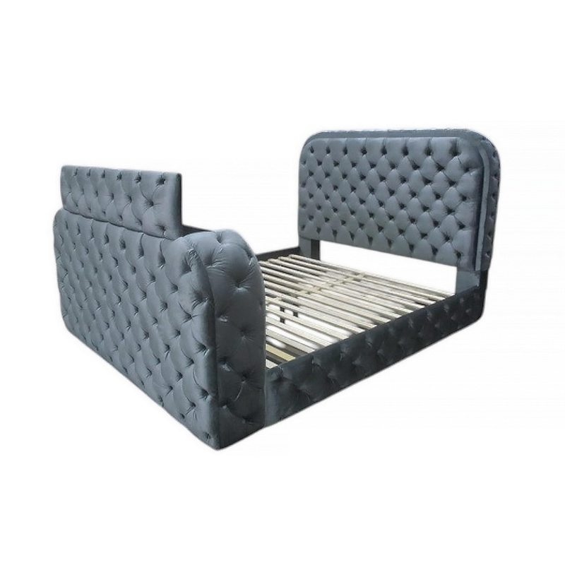 Bowery Hill Eastern King Bed with Fireplace and TV Stand in Gray Velvet