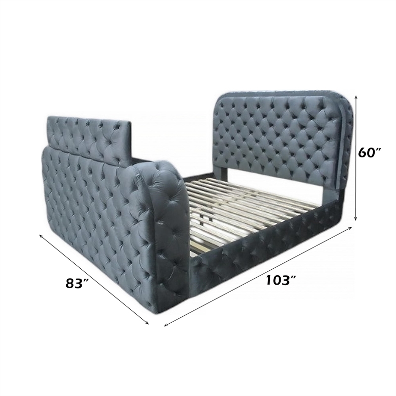 Bowery Hill Eastern King Bed with Fireplace and TV Stand in Gray Velvet