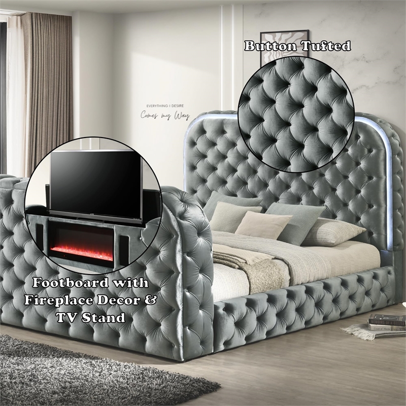 Bowery Hill Eastern King Bed with Fireplace and TV Stand in Gray Velvet