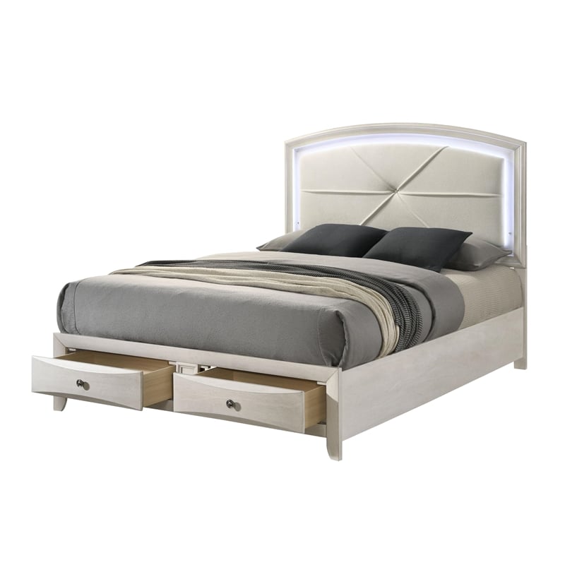Bowery Hill Queen Storage Bed with LED Headboard in Antique White