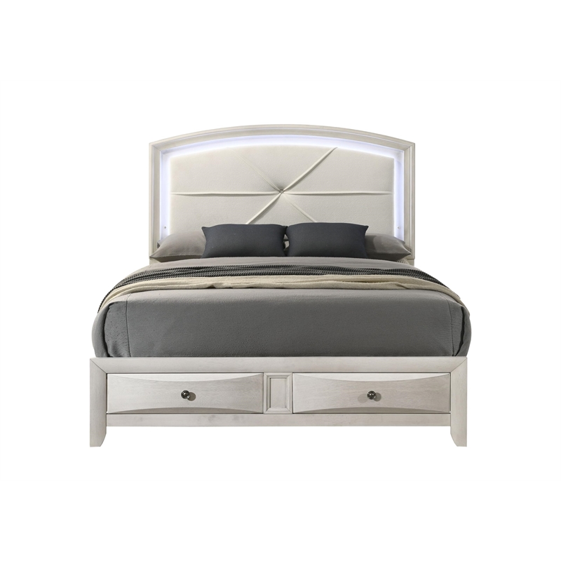 Bowery Hill Queen Storage Bed with LED Headboard in Antique White