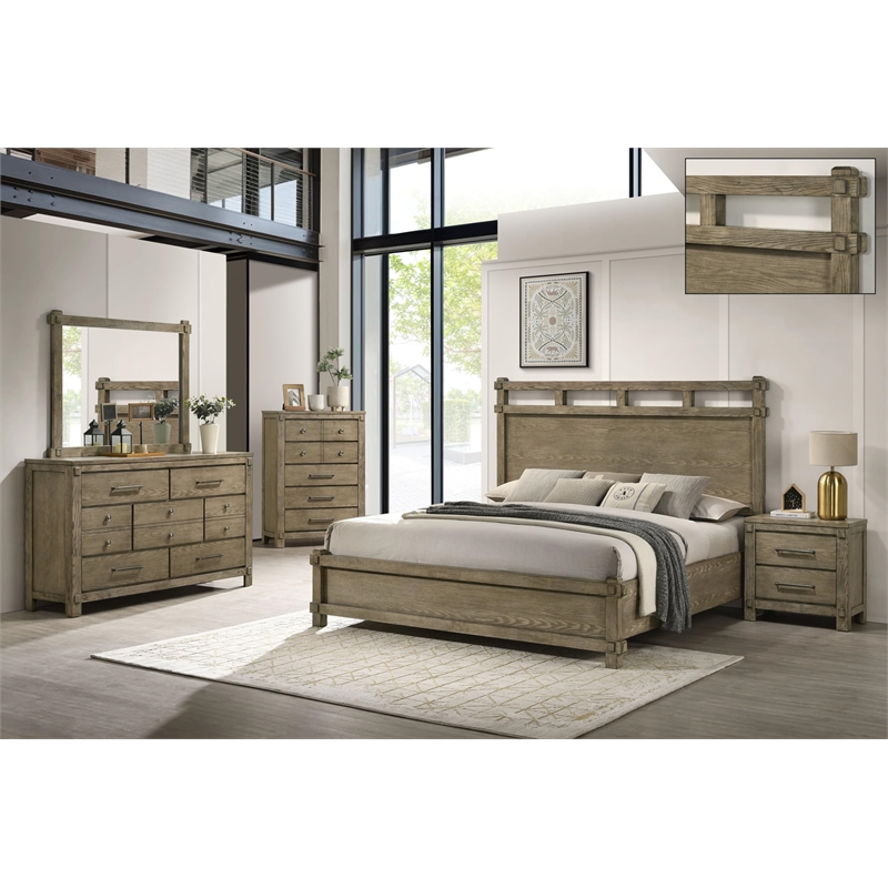 Bowery Hill Queen Bed with Open-Frame Headboard in Antique White Oak