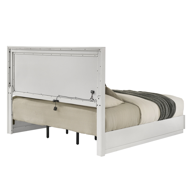 Bowery Hill Queen Bed with LED in White and Silver High Gloss