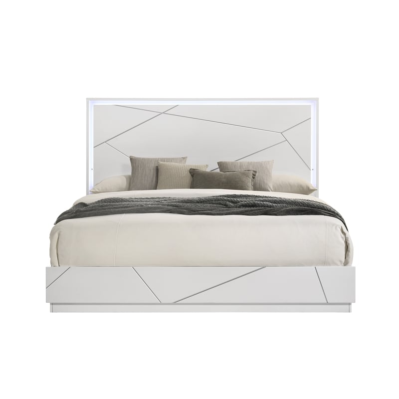 Bowery Hill Queen Bed with LED in White and Silver High Gloss