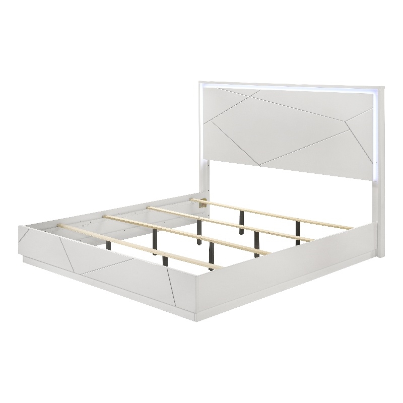 Bowery Hill Queen Bed with LED in White and Silver High Gloss
