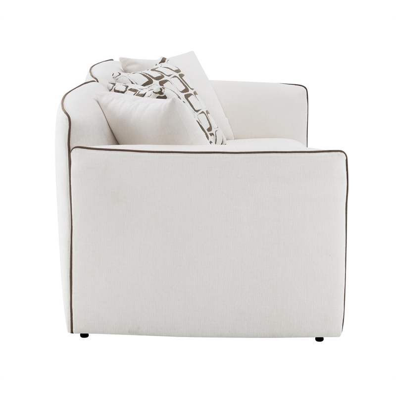Bowery Hill Upholstered Loveseat with 4 Pillows in Beige Chenille