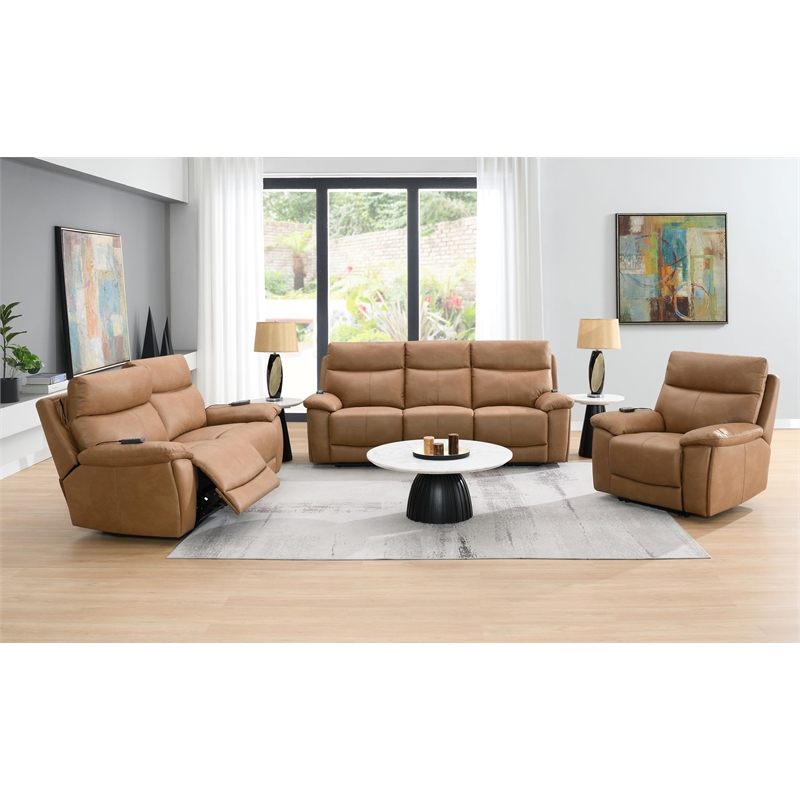 Bowery Hill Power Motion Sofa with USB and Power Headrest in Brown Leather