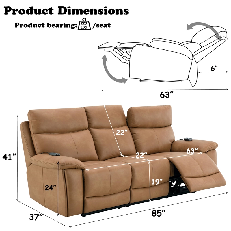 Bowery Hill Power Motion Sofa with USB and Power Headrest in Brown Leather