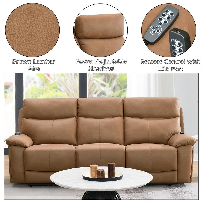 Bowery Hill Power Motion Sofa with USB and Power Headrest in Brown Leather