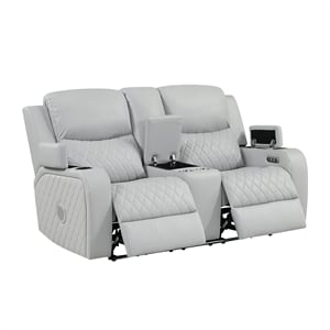 Bowery Hill Power Motion Loveseat in Light Gray Synthetic Leather
