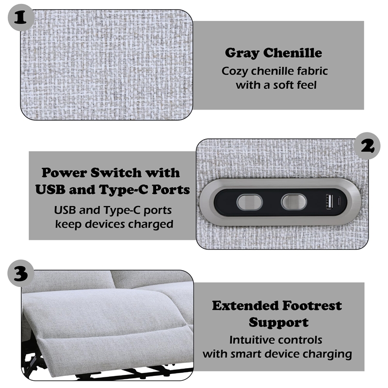 Bowery Hill Power Motion Sofa with USB Port in Gray Chenille