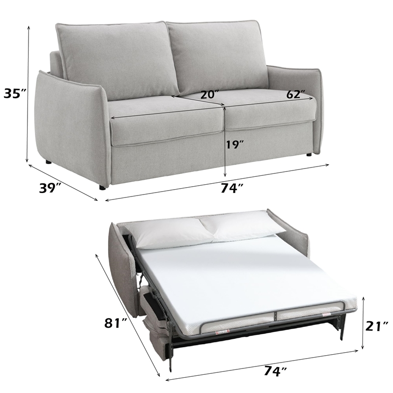 Bowery Hill Upholstered Sofa with Memory Foam Sleeper in Beige Chenille