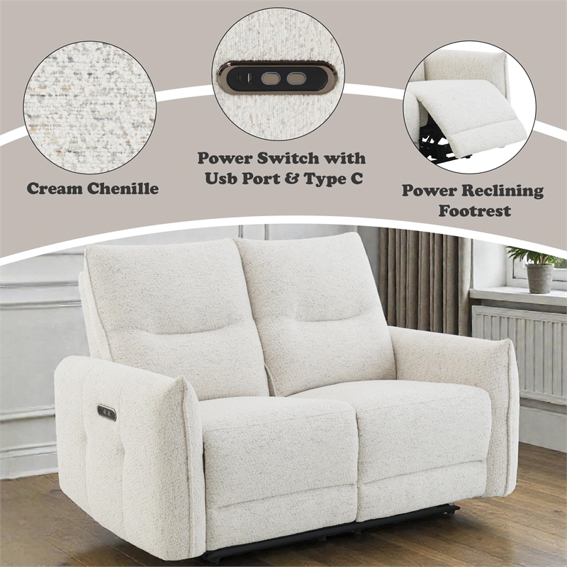 Bowery Hill Power Motion Loveseat with USB Port in Cream Chenille