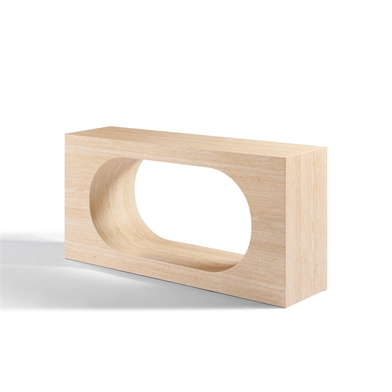 Bowery Hill Geometric Console Table with Hollow Center in Travertine Stone