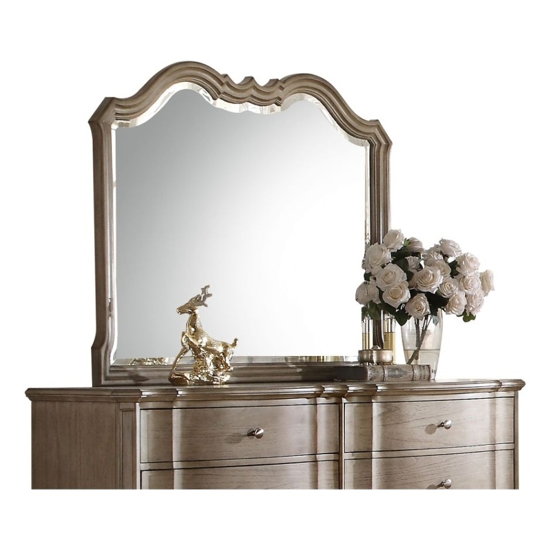 Bowery Hill Arched Beveled Mirror with Scalloped Frame in Antique Taupe