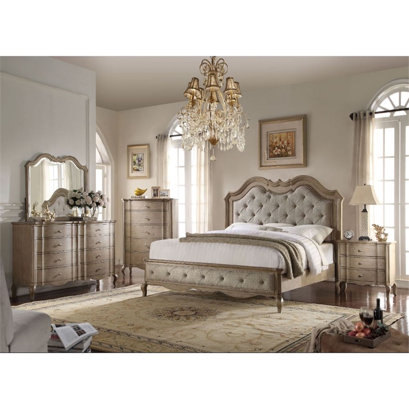 Bowery Hill Eastern King Panel Bed in Beige Fabric and Antique Taupe