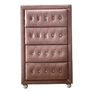 Bowery Hill Tufted 4-Drawer Youth Chest in Pink Fabric and White