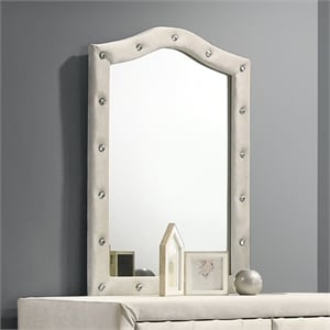 Bowery Hill Arched Button-Tufted Dresser Mirror in Beige Fabric