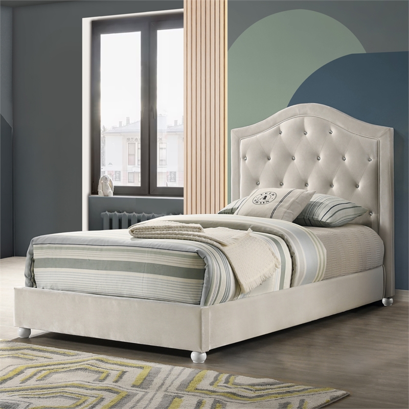 Bowery Hill Full Upholstered Bed with Tufted Headboard in Beige Fabric