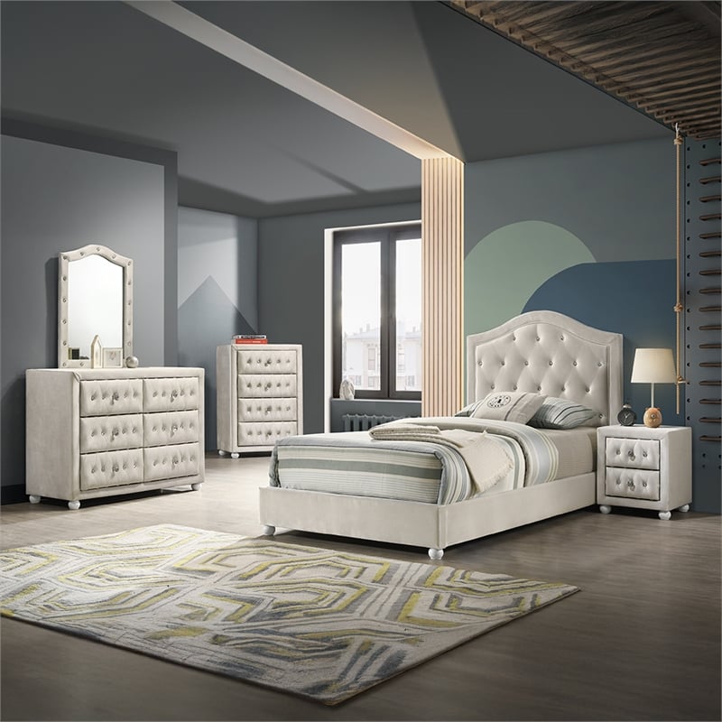 Bowery Hill Twin Upholstered Bed with Tufted Headboard in Beige Fabric