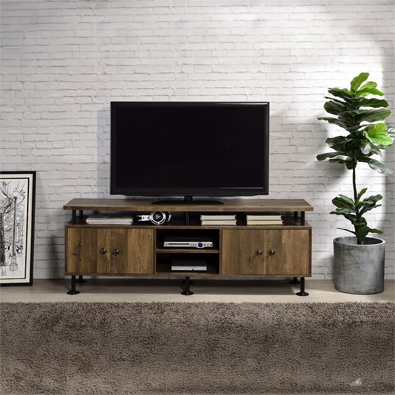 Bowery Hill Industrial TV Stand with Door Storage in Rustic Oak and Black