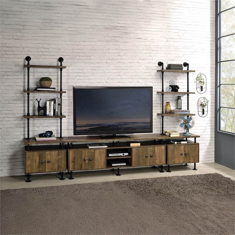 Bowery Hill Industrial TV Stand with Door Storage in Rustic Oak and Black