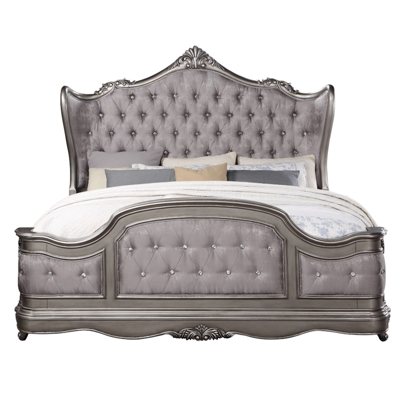 Bowery Hill Eastern King Wingback Bed in Velvet and Antique Platinum