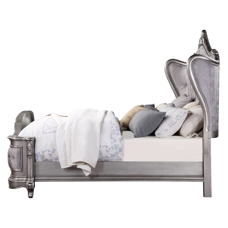 Bowery Hill Eastern King Wingback Bed in Velvet and Antique Platinum