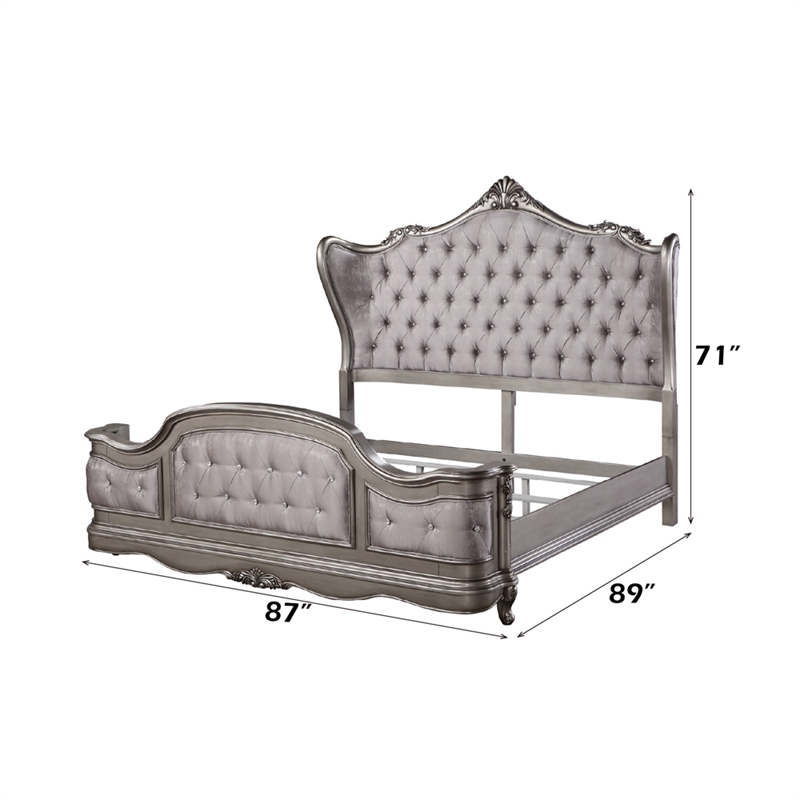 Bowery Hill Eastern King Wingback Bed in Velvet and Antique Platinum