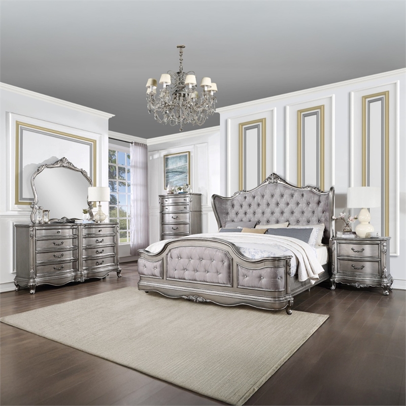Bowery Hill Eastern King Wingback Bed in Velvet and Antique Platinum