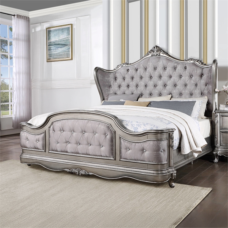 Bowery Hill Eastern King Wingback Bed in Velvet and Antique Platinum