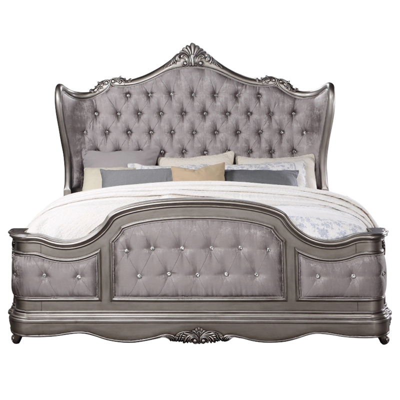 Bowery Hill Queen Wingback Bed in Velvet and Antique Platinum