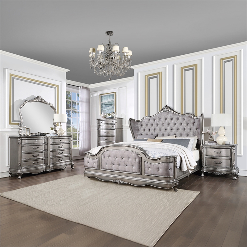 Bowery Hill Queen Wingback Bed in Velvet and Antique Platinum