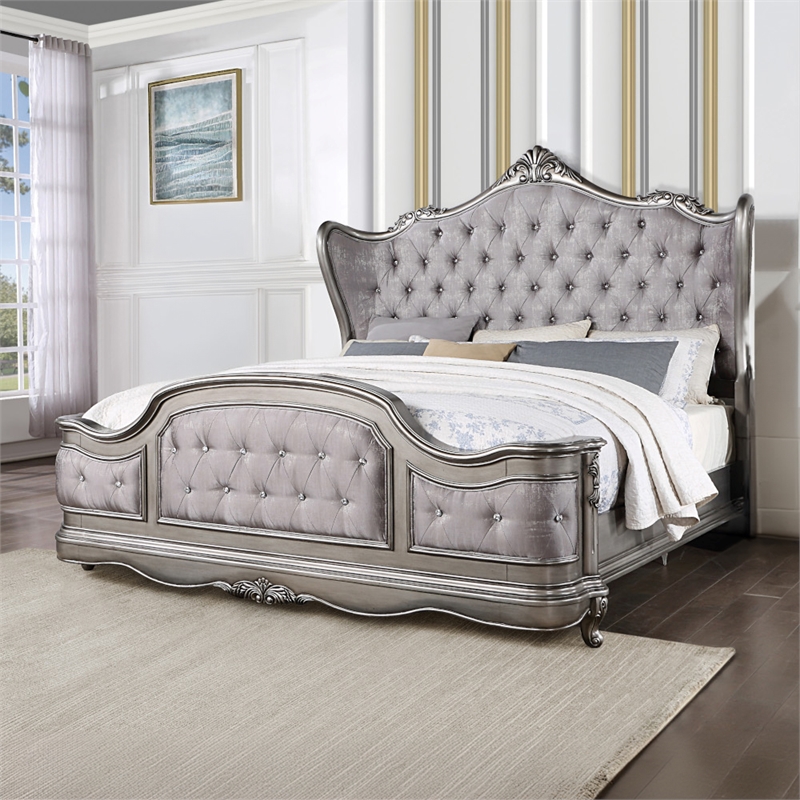 Bowery Hill Queen Wingback Bed in Velvet and Antique Platinum