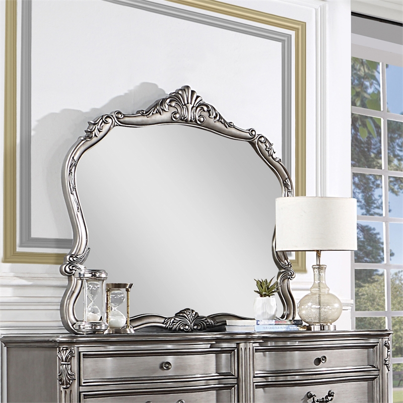 Bowery Hill Arched Beveled Mirror with Scrollwork in Antique Platinum