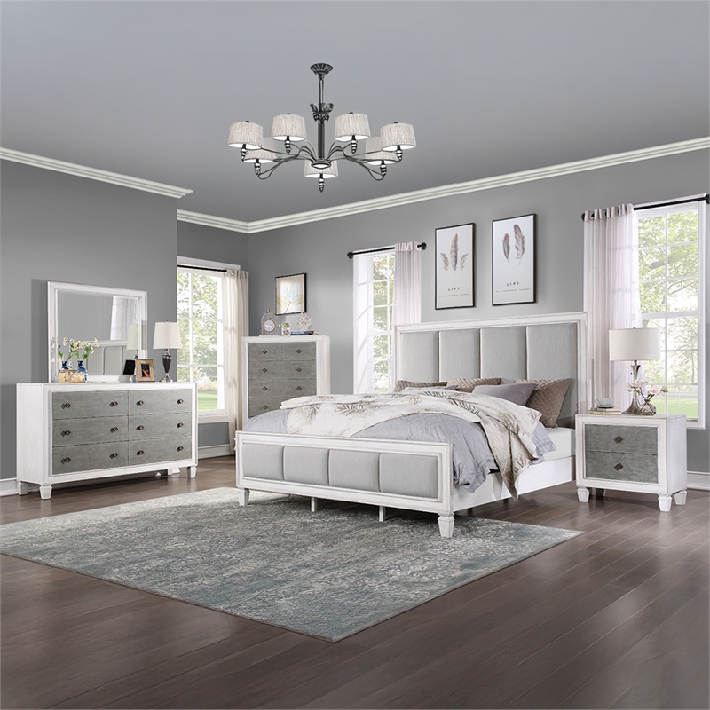 Bowery Hill Eastern King Tufted Bed in Gray Linen and Weathered White