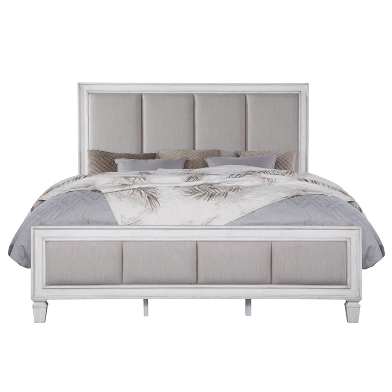 Bowery Hill Queen Tufted Bed in Gray Linen and Weathered White
