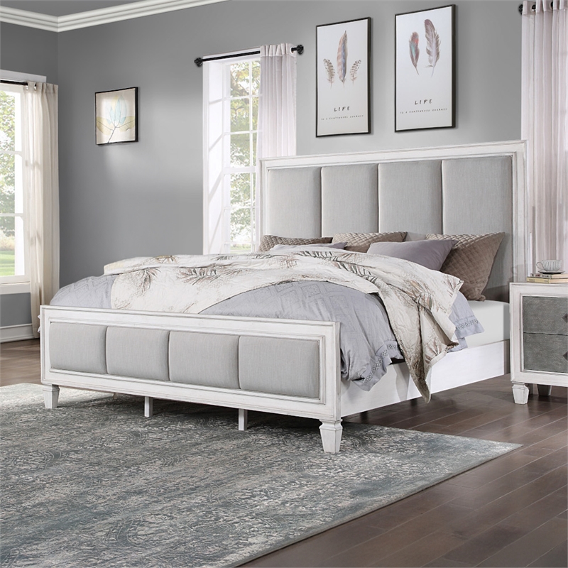 Bowery Hill Queen Tufted Bed in Gray Linen and Weathered White