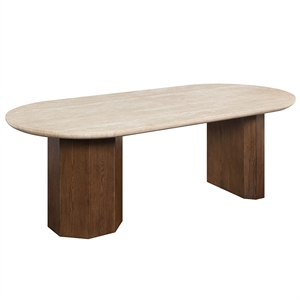 Bowery Hill Oval Dining Table with Travertine Top in Dark Oak